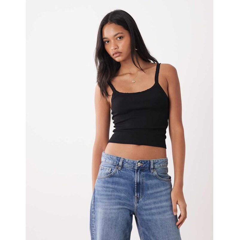 Miss Selfridge ruffle trim cami top in black 115522326
