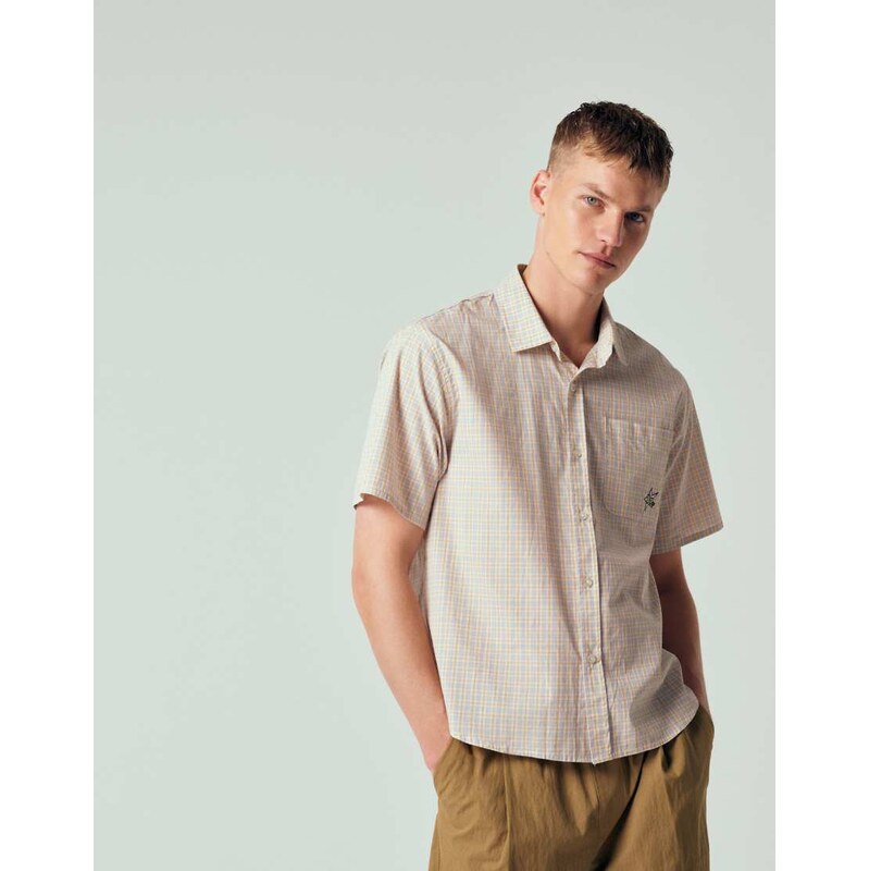 HUF star logo micro check shirt in beige-Neutral