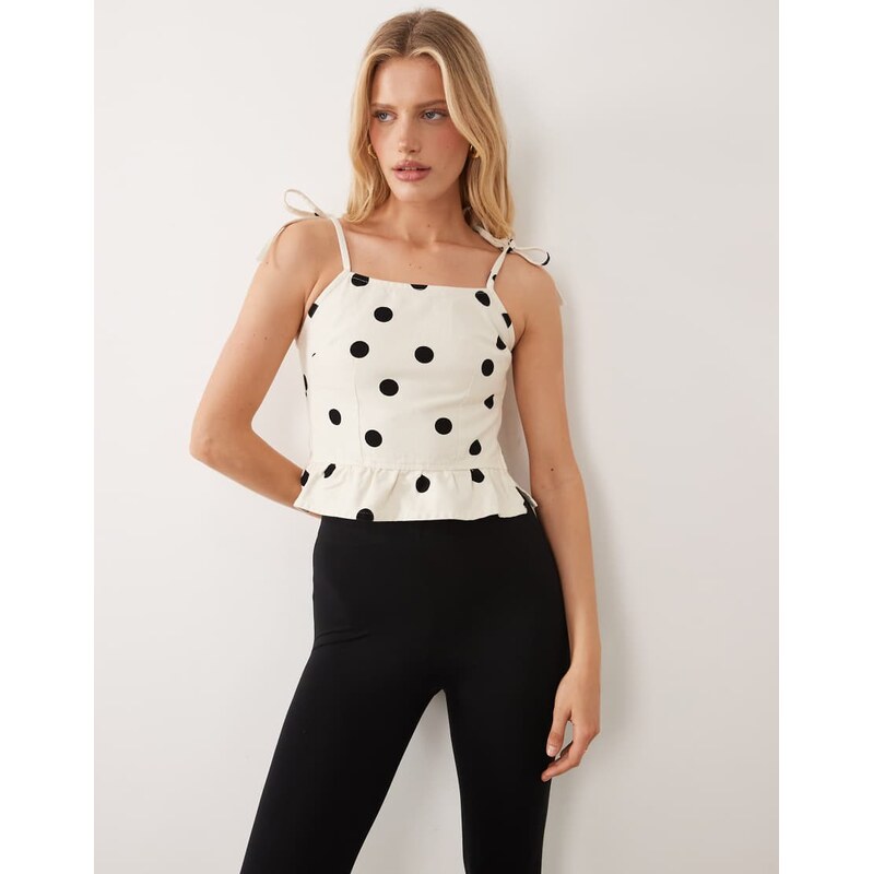 Asos Design polka dot denim top with tie detail-White