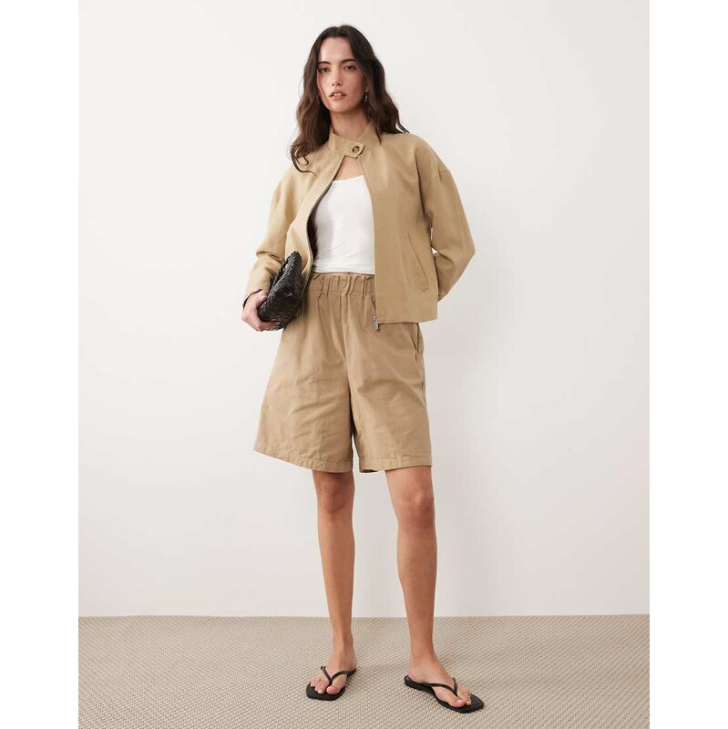 Mango high neck zip through jacket in sand-Neutral