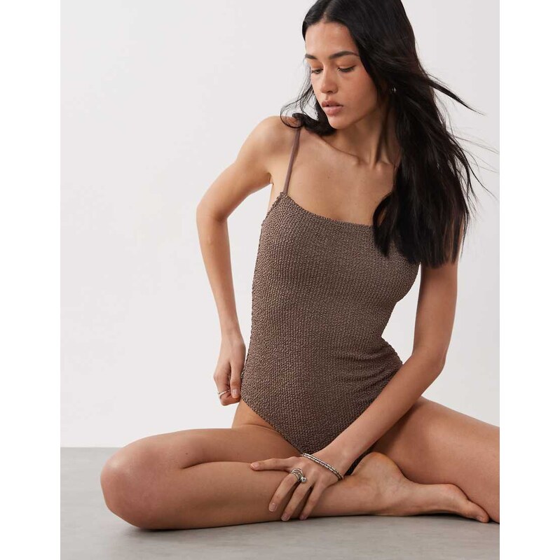 Mango crinkle textured tie back swimsuite in mushroom-Brown 115087715