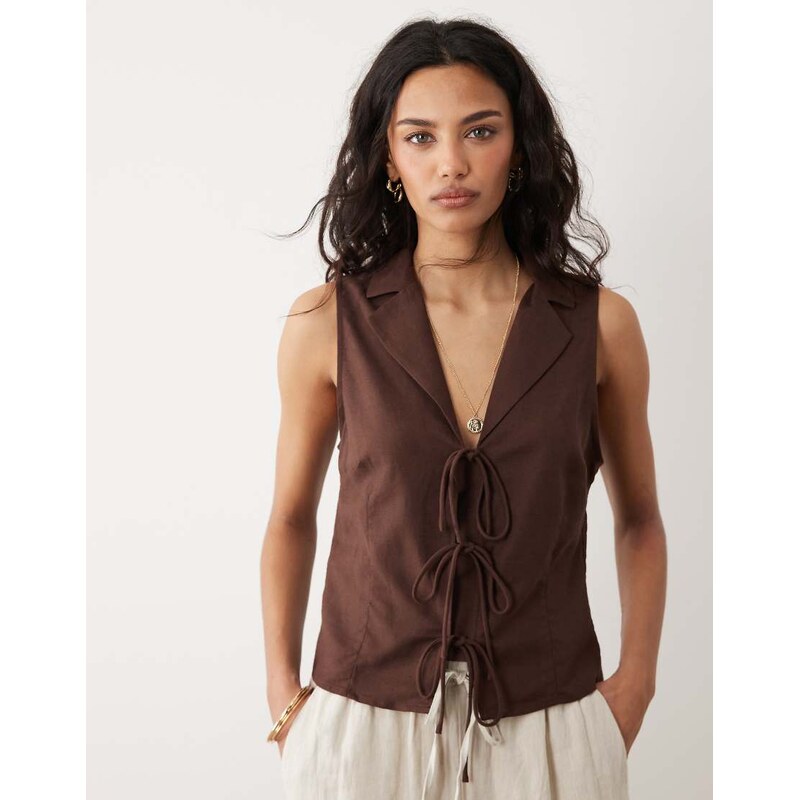 Mango linen mix tie front waistcoat in brown 115079638