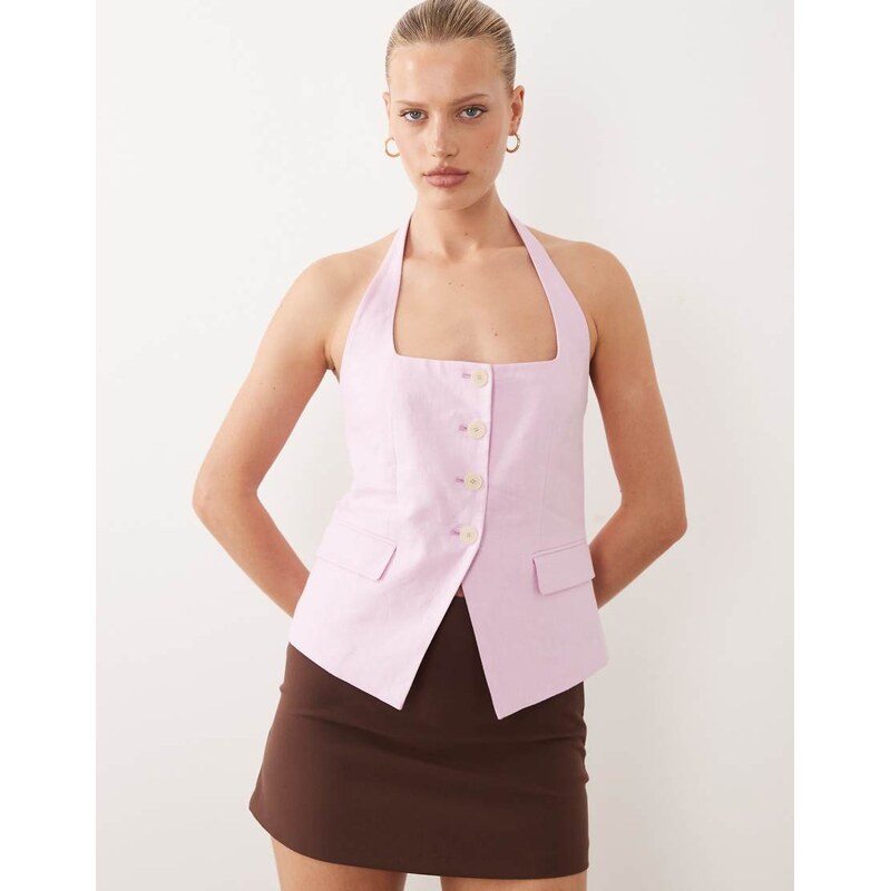 Mango Boreli 100% linen halterneck waistcoat co-ord in pastel pink 115372866
