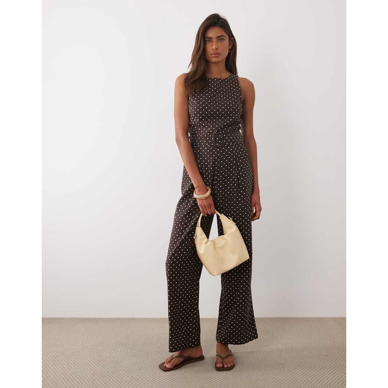 Mango linen mix belted jumpsuit in brown and white polka dot 115509221