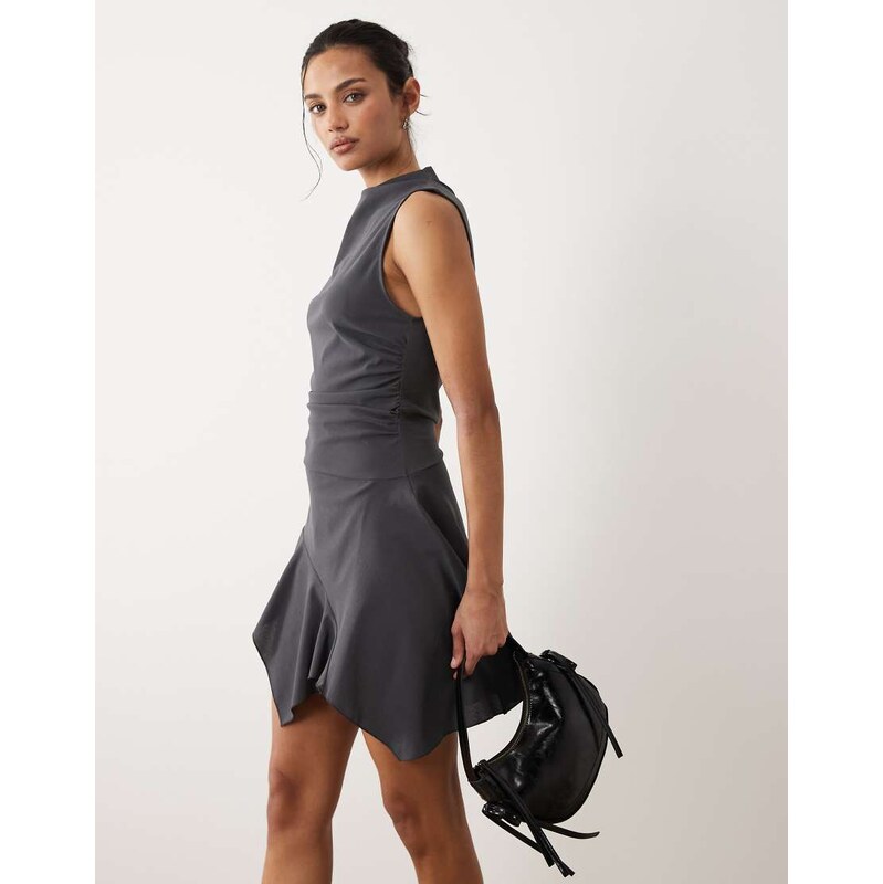 Mango high neck mini dress with hanky hem in charcoal grey