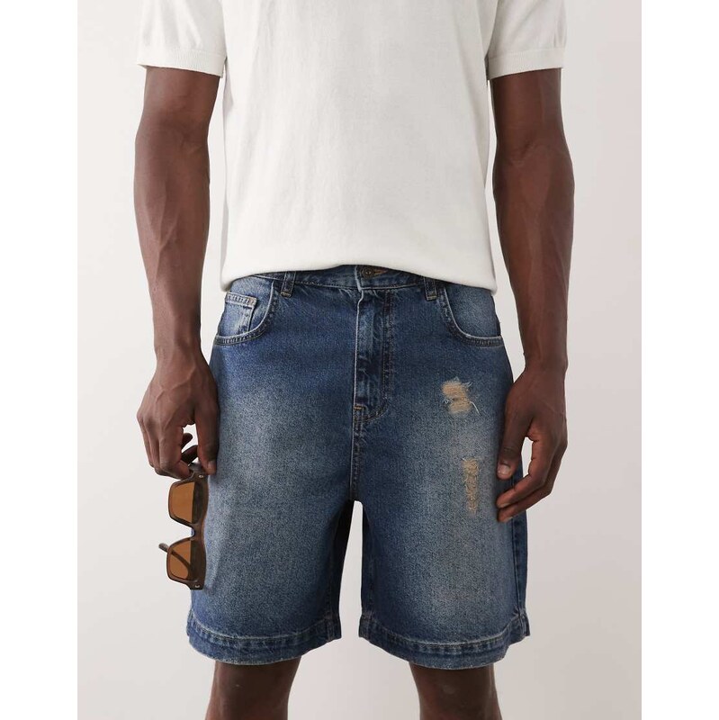 ASOS DESIGN shorter length jorts in mid washed blue with rip