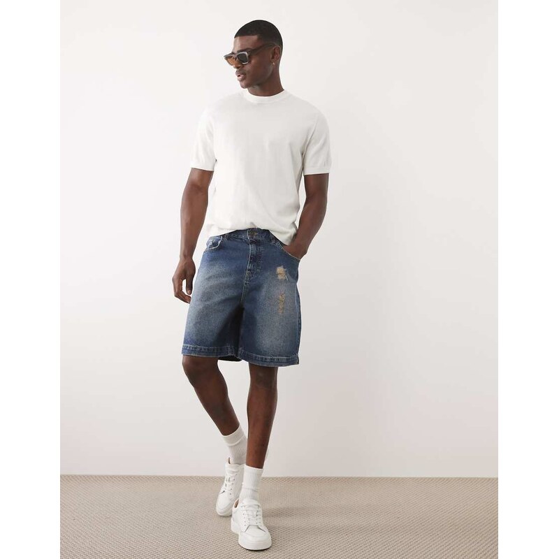 ASOS DESIGN shorter length jorts in mid washed blue with rip