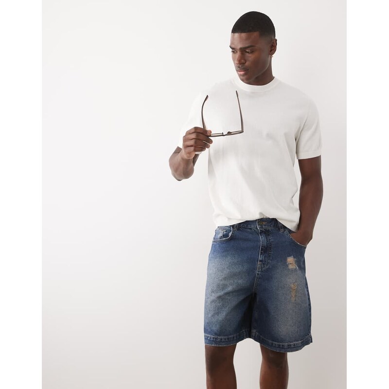 ASOS DESIGN shorter length jorts in mid washed blue with rip