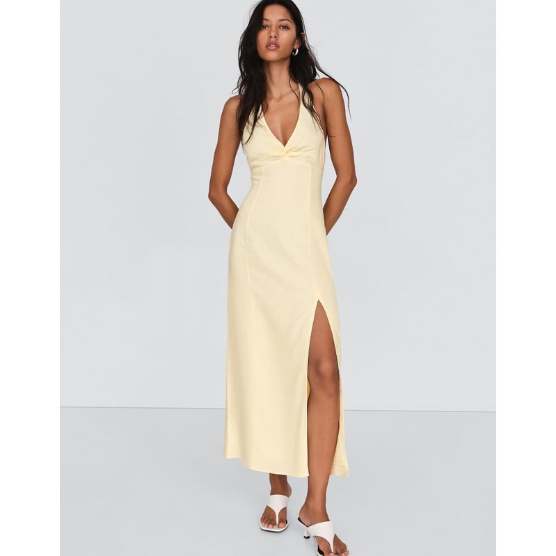 Bershka Halter midi dress with linen in yellow