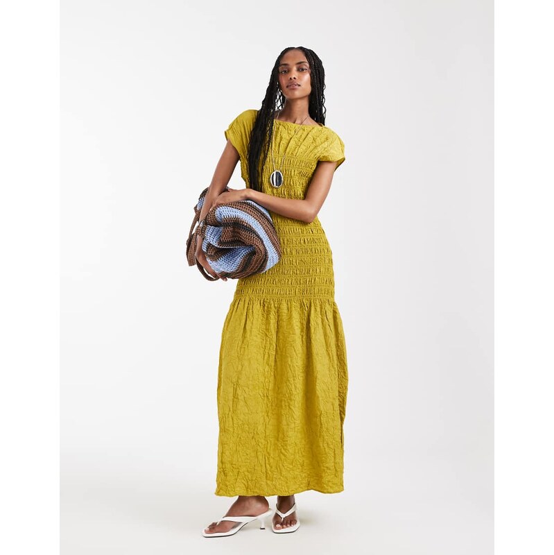 & Other Stories ruched crinkle maxi dress in citrus green 115079731