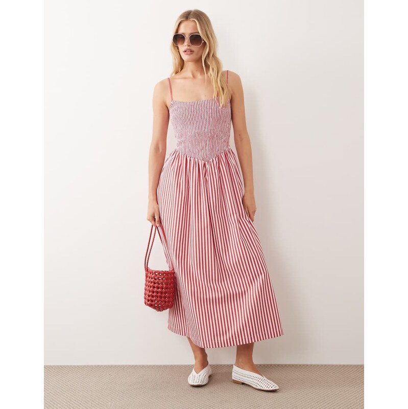 Abercrombie & Fitch puff sleeve smock midi dress in red stripe