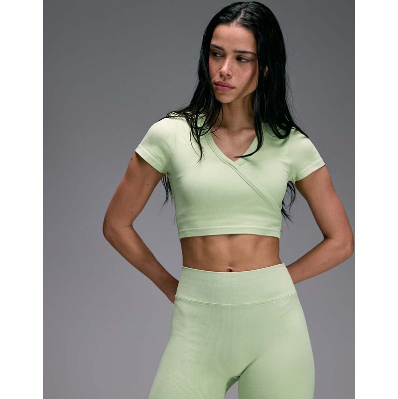 4505 seamless baby rib wrap front short sleeve top in pastel