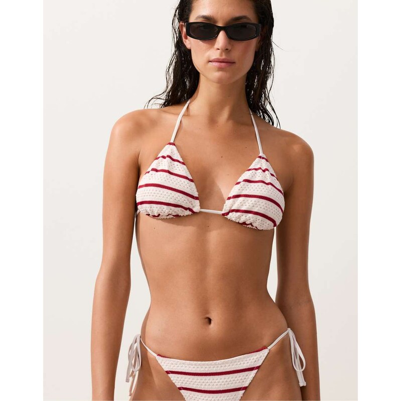 OYSHO Crochet stripe triangle bikini top in white and red 115082108