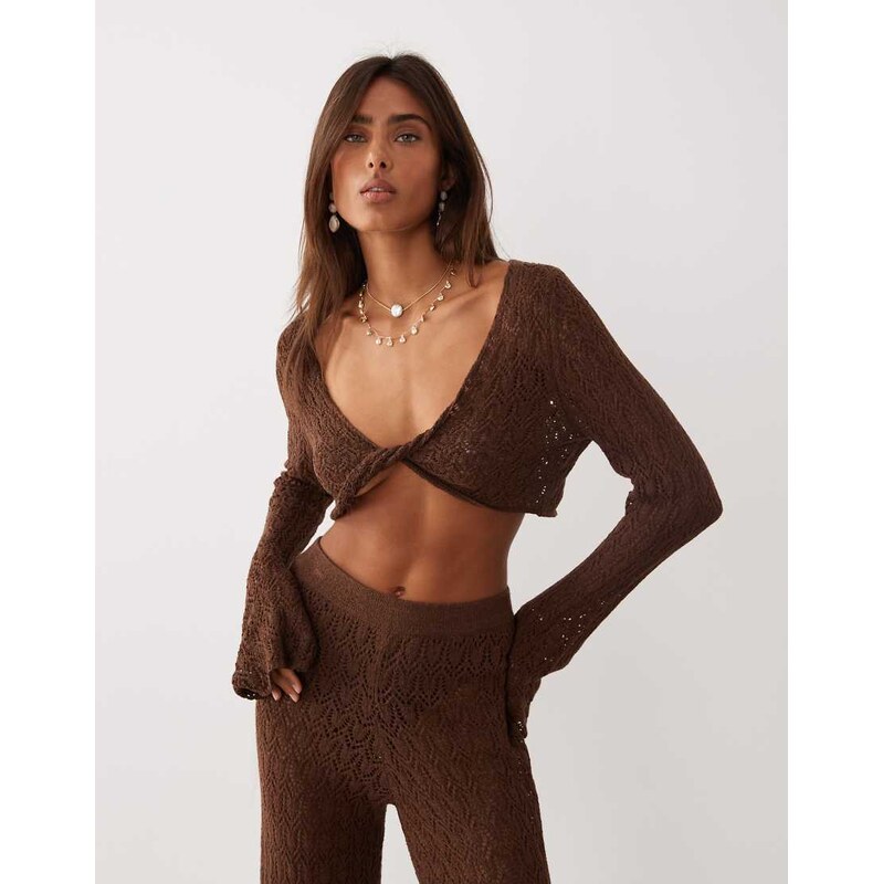 Miss Selfridge crochet twist detail long sleeve top in chocolate