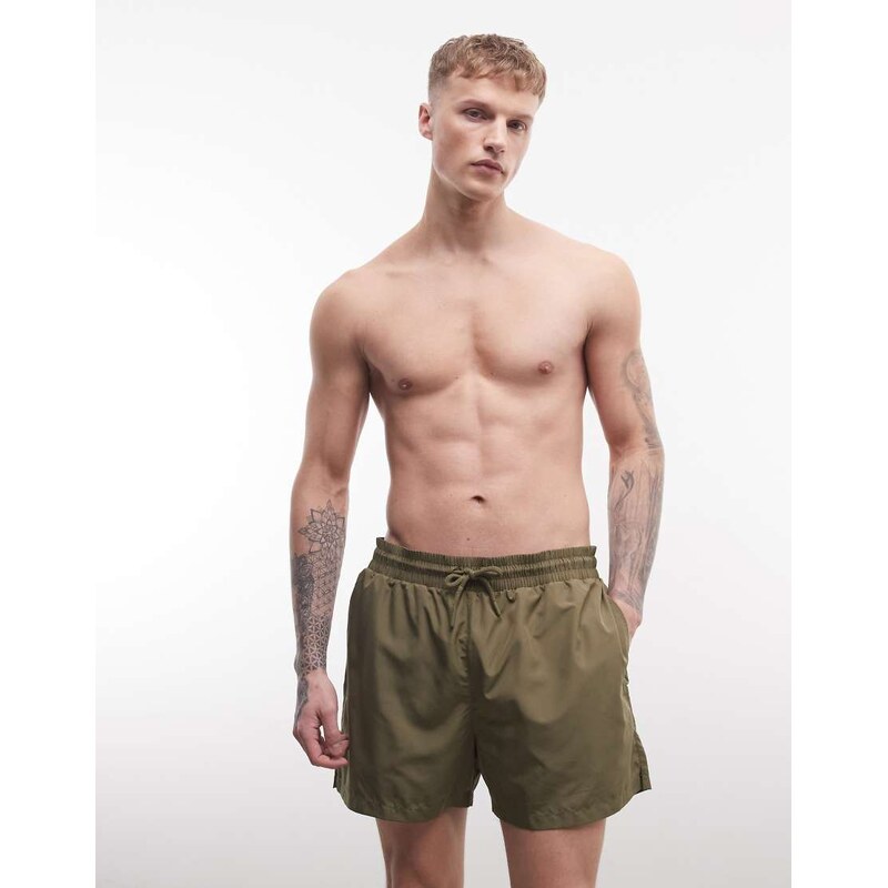 COLLUSION swim shorts in mid length in khaki-Green