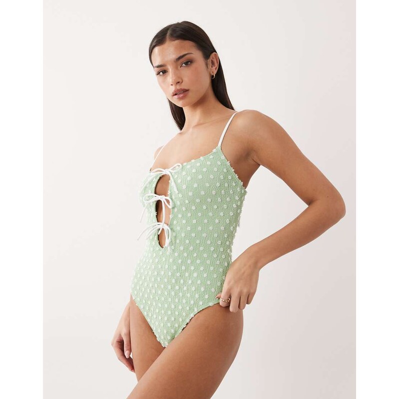 South Beach polka dot tie front swimsuit in seafoam green 115081953