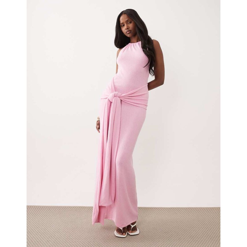 South Beach halterneck maxi dress with wrap waist in baby pink
