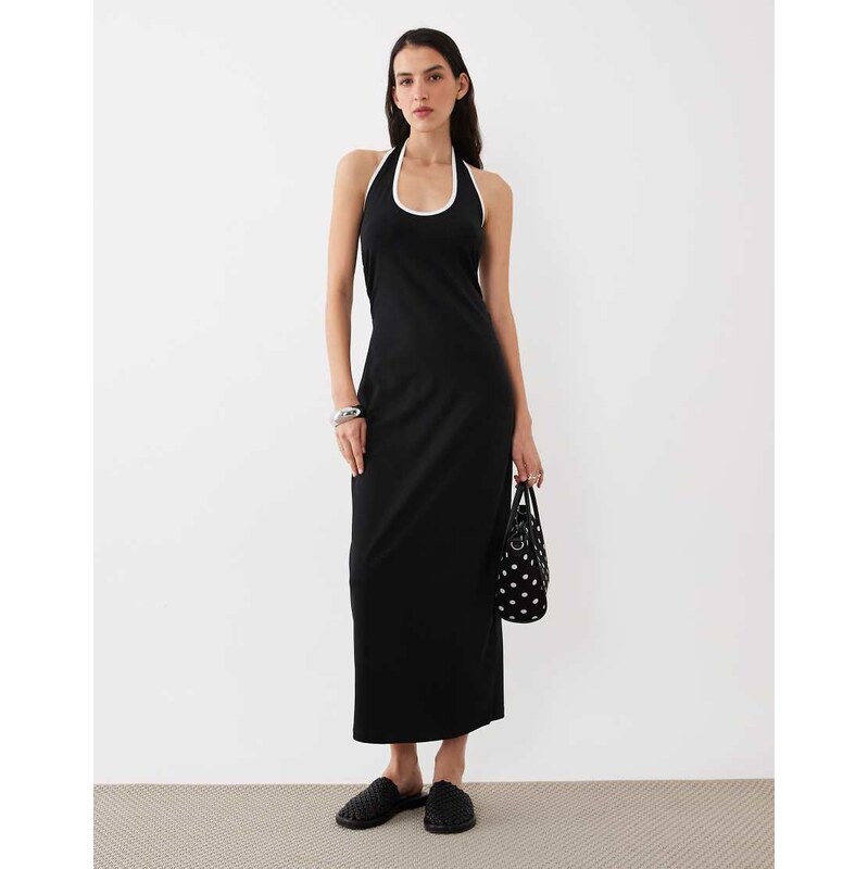 ASOS DESIGN halter midi dress with white contrast trim in black