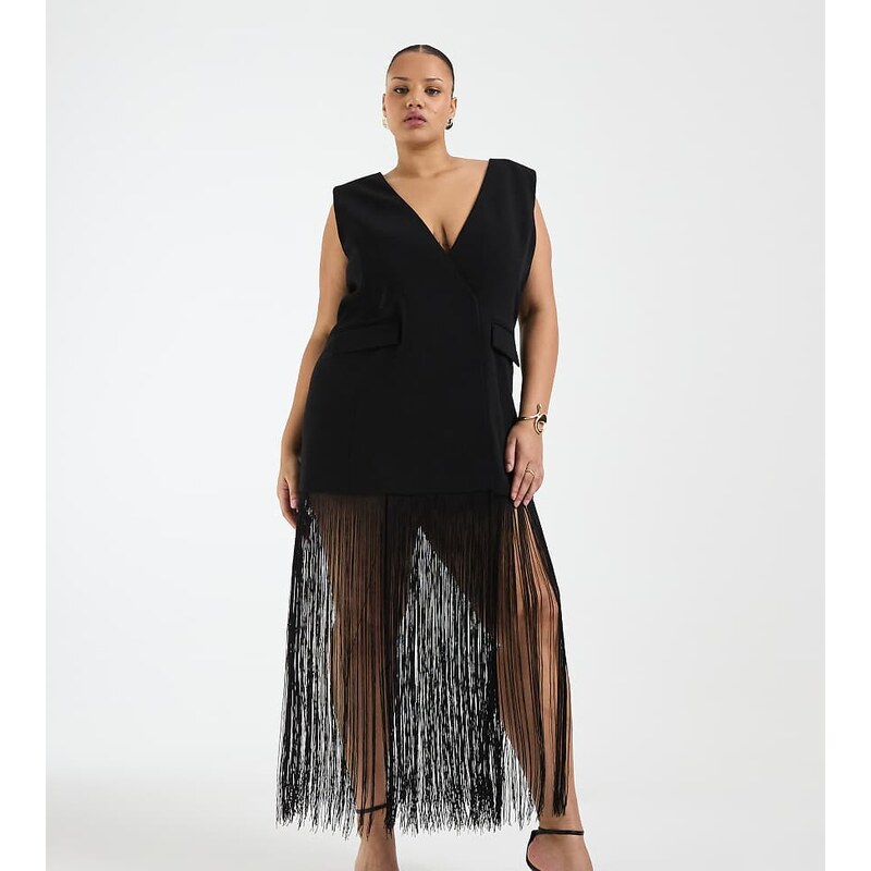 ASOS DESIGN Curve sleeveless blazer with fringe hem in black