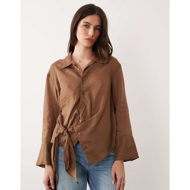 Mango 100% ramie tie waist shirt in brown
