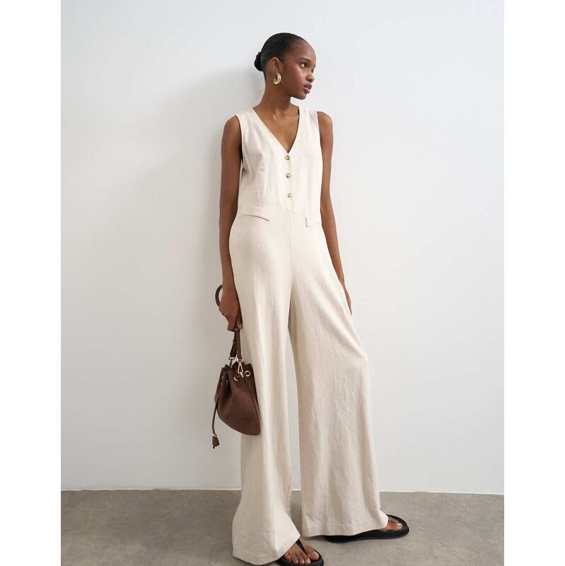 Topshop tailored linen jumpsuit in neutral 115360805