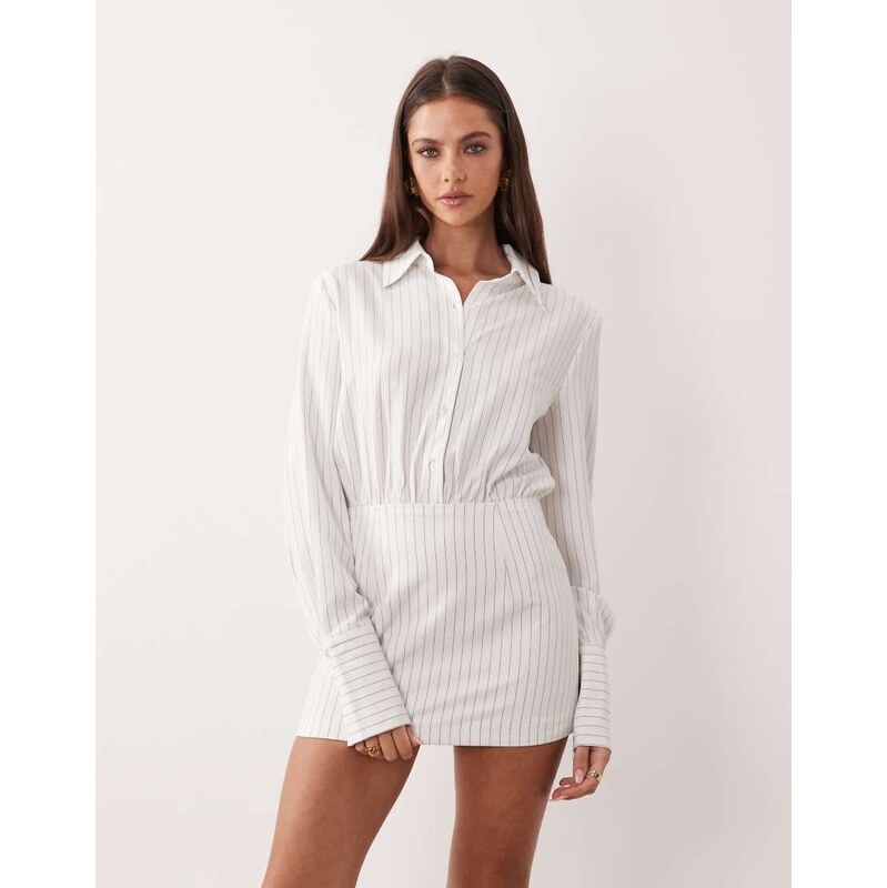 Aria Cove fitted deep cuff mini shirt dress in white pinstripe 115549896