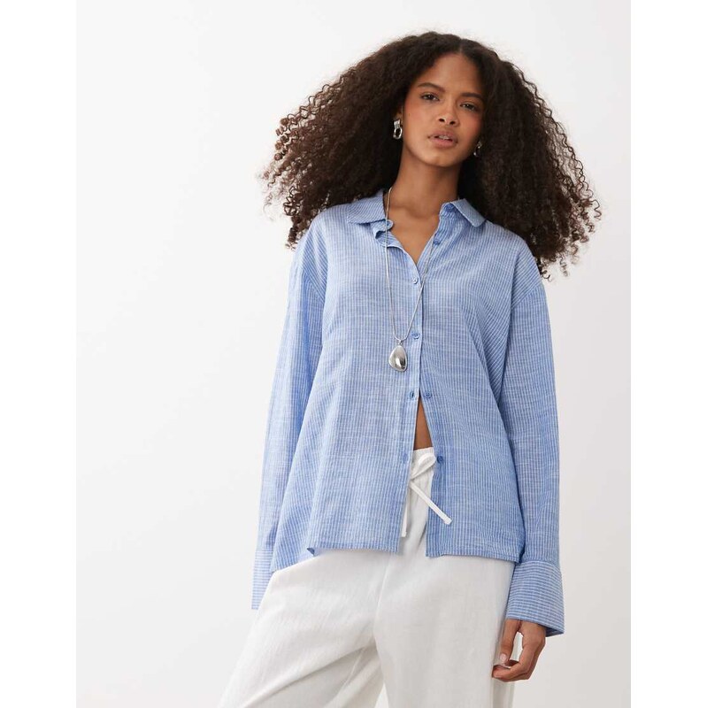 Cotton On haven oversized dad shirt linen blend in blue stripe 115624323