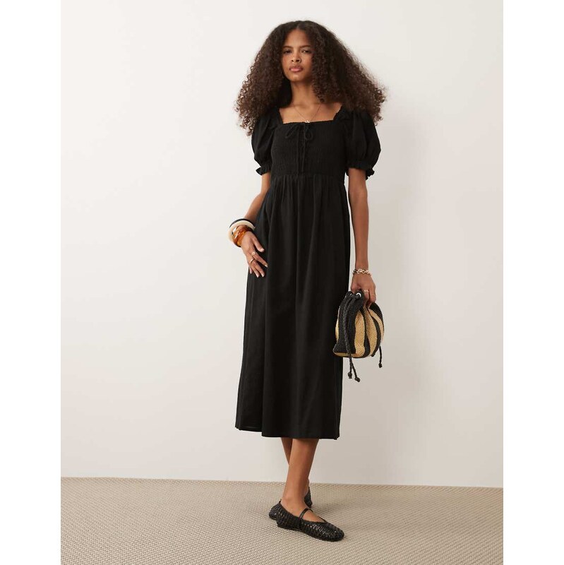 New Look tie front shirred midi dress in black
