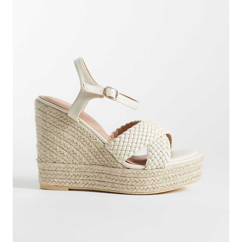 New Look Wide Fit plaited strap espadrille wedge sandal in off white 115377172