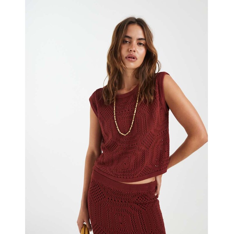 AWARE boatneck patterned crochet vest co-ord in terracotta-Brown 115087624