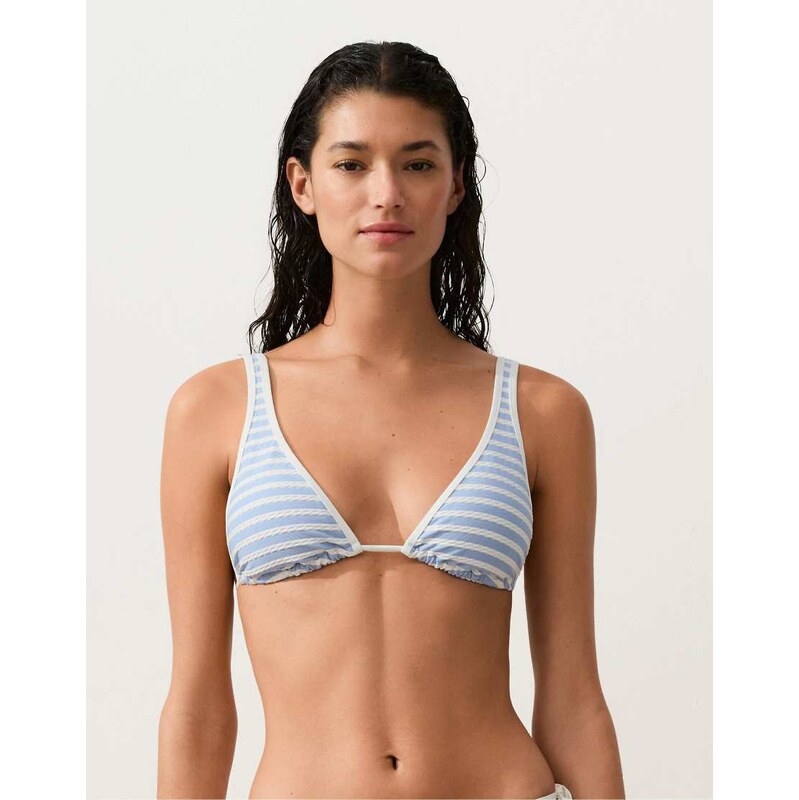 OYSHO Textured stripe triangle bikini top in light blue