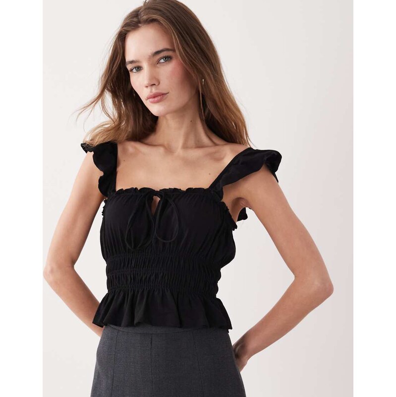 Miss Selfridge shirred top with ruffle sleeve in black 115517091