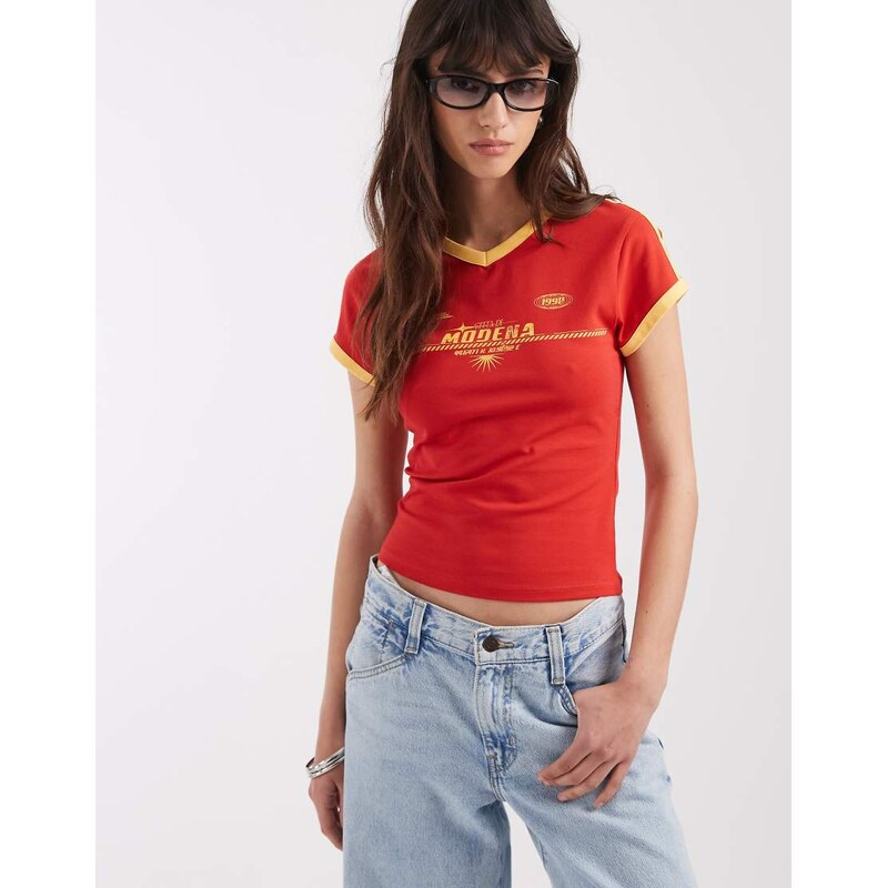 ASOS DESIGN v neck baby tee with sports graphic in red
