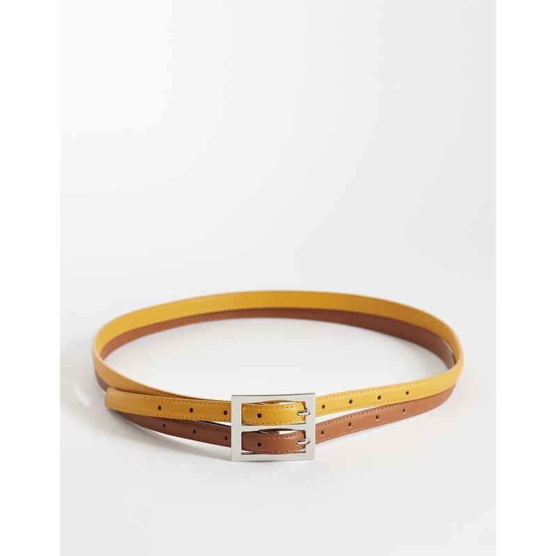 ASOS DESIGN waist and hip double buckle belt in yellow and tan-Multi 115087517