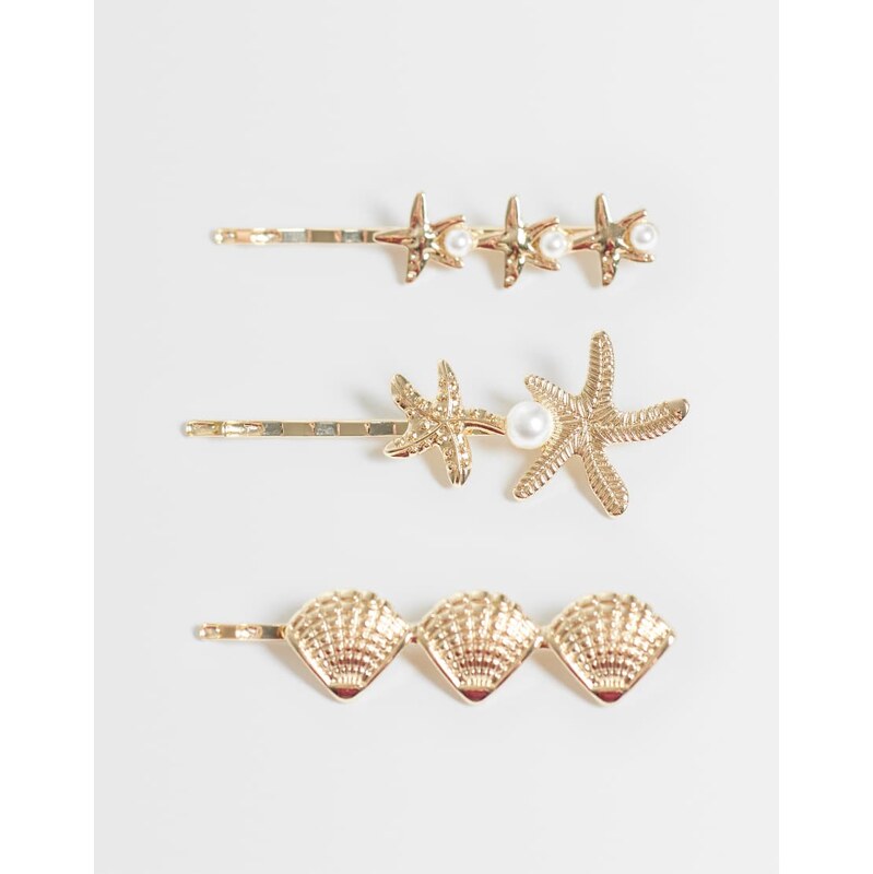 ASOS DESIGN pack of 3 hair slides with mixed sea-life design in gold 115087617