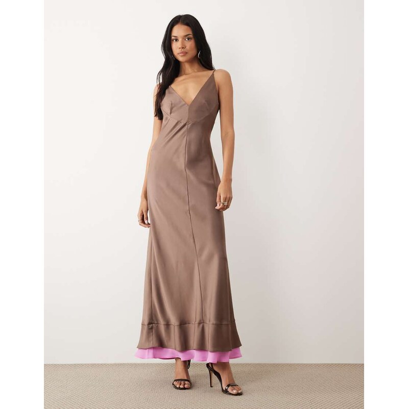 ASOS DESIGN v-neck satin double layer maxi dress in mocha and