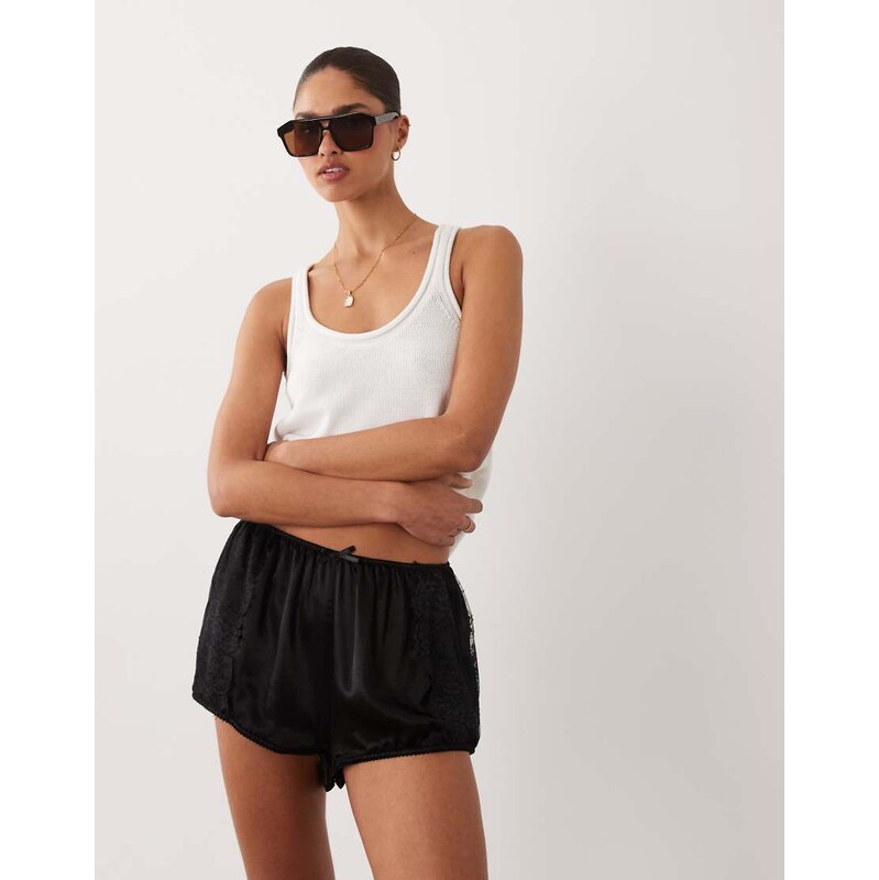 Miss Selfridge satin and lace trim shorts in black 115087655
