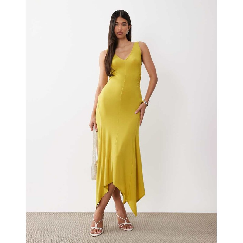 ASOS DESIGN v neck hanky hem soft slinky midi dress in