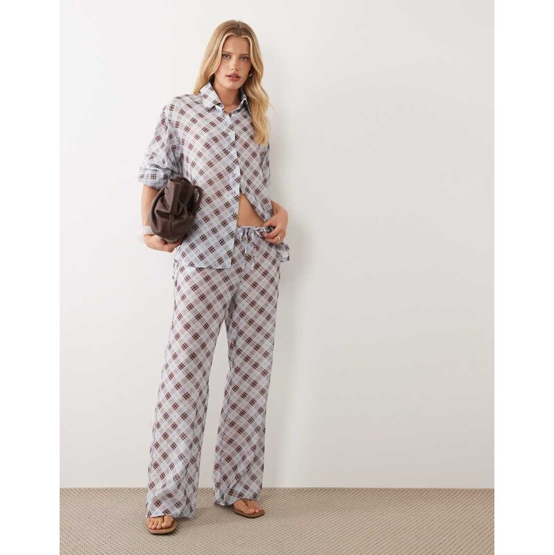 ASOS DESIGN semi sheer wide leg pull on trouser in blue check