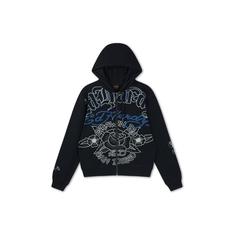 Ed Hardy Mikina Gothic Roses modrá / černá / bílá