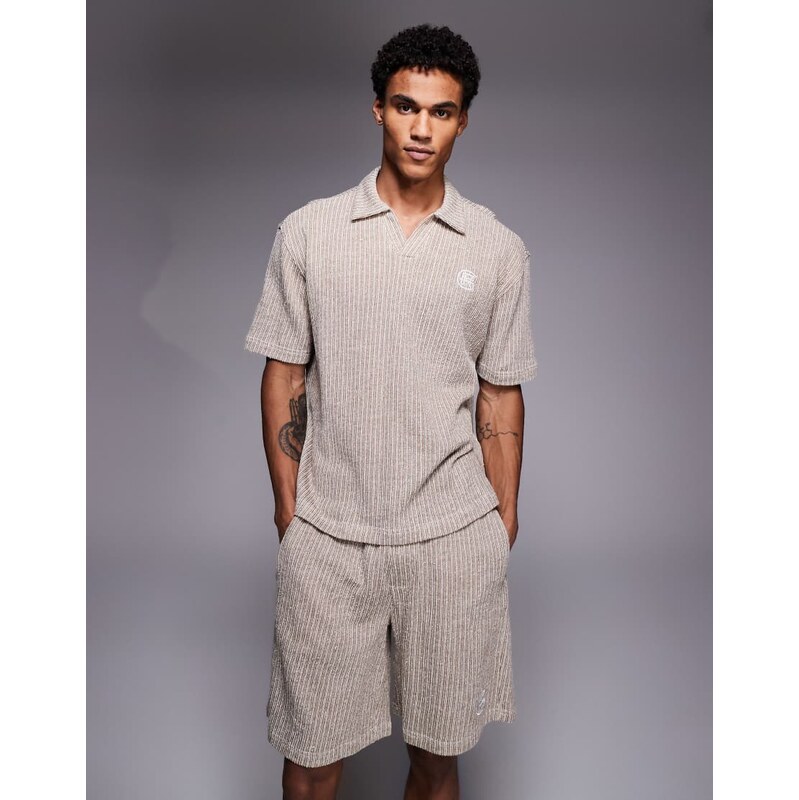 Good For Nothing co-ord knitted boxy polo in brown stripe