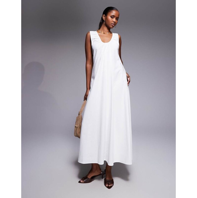 Kaiia cotton blend ruched scoop neck midaxi beach dress in white