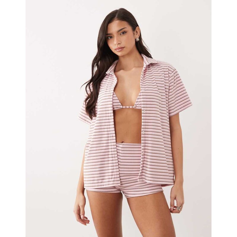 Aria Cove towelling oversized beach shirt co-ord in pink stripe 115546929