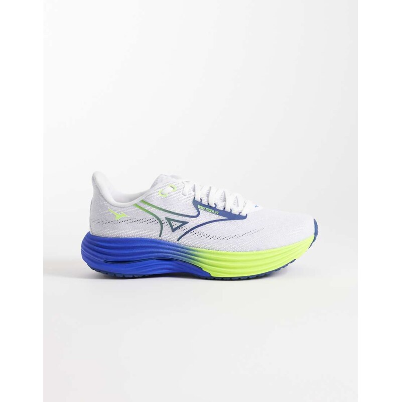Mizuno Wave Rider 29 running trainers in white, yellow and blue