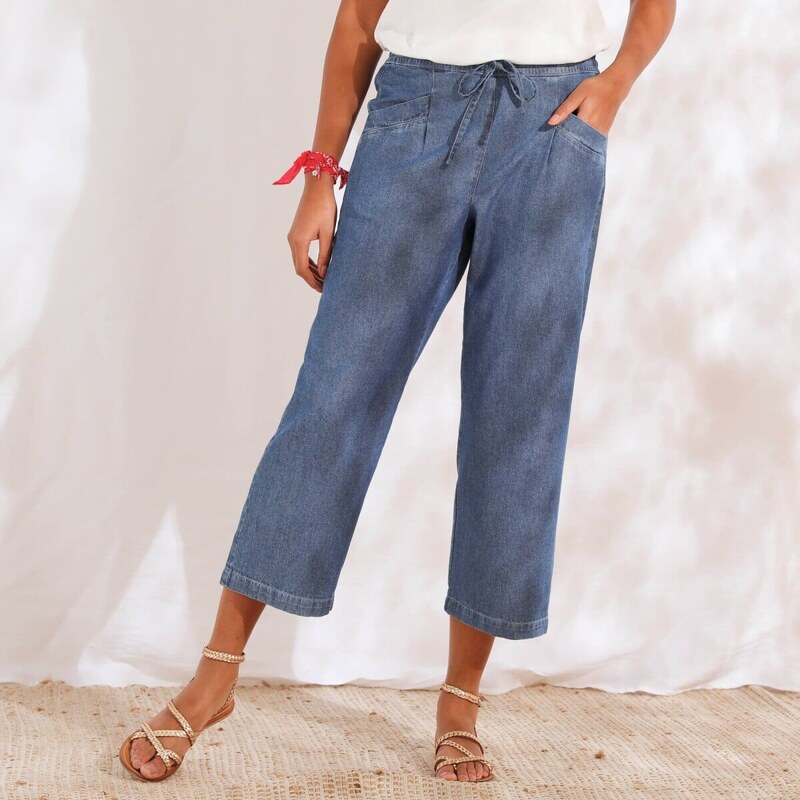 Blancheporte 7/8 široké kalhoty z lehkého denimu sepraná modrá