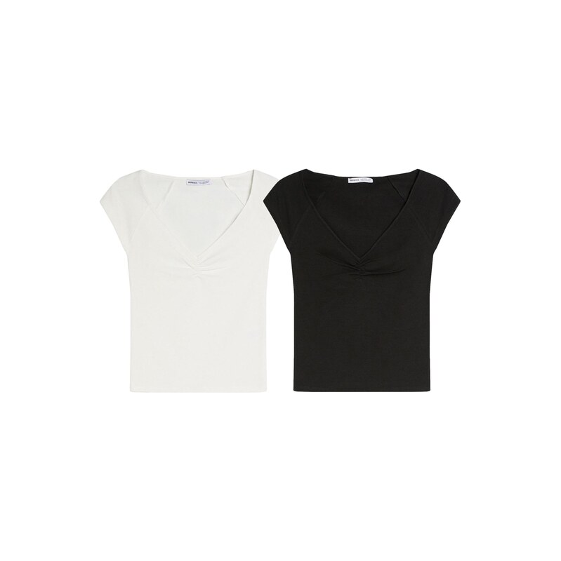 Bershka Tričko černá / offwhite