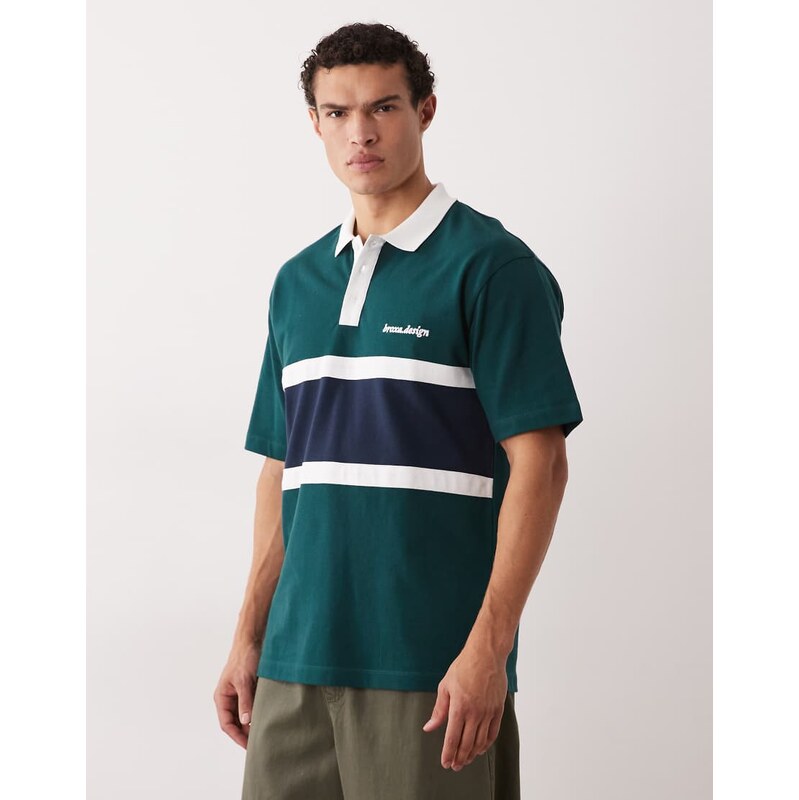 ASOS DESIGN heavyweight relaxed stripe polo in dark green