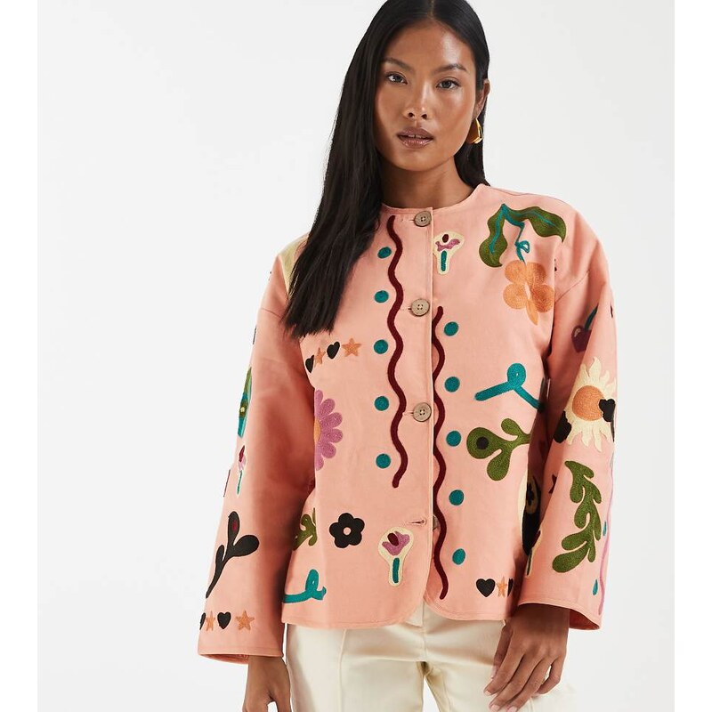 ASOS Petite ASOS DESIGN Petite embroidered collarless jacket in peach 115491585
