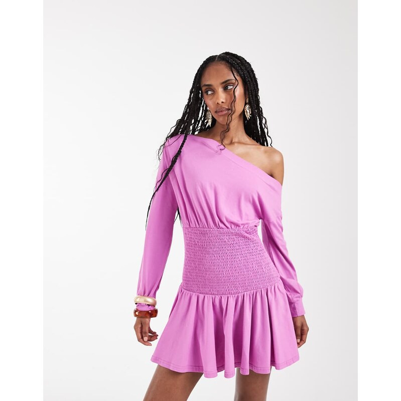 Aria Cove asymmetric shoulder shirred waist frill mini dress in pink 115414077