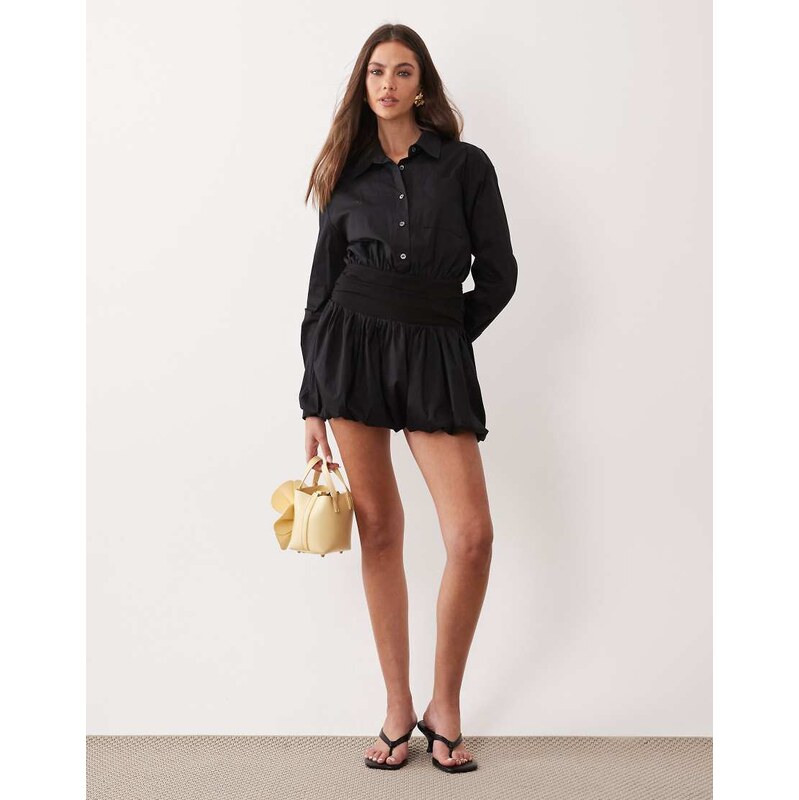 Aria Cove fitted waist detail bubble hem shirt mini dress in black 115546805